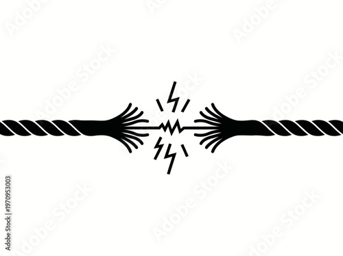 Black icon of a frayed rope breaking apart with electrical sparks, representing a critical failure, breakdown, or disconnection.