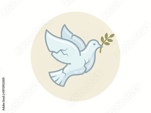 Stylized white dove with olive branch, cracked and fragile, symbolizing broken peace, hope, or a fragile truce.