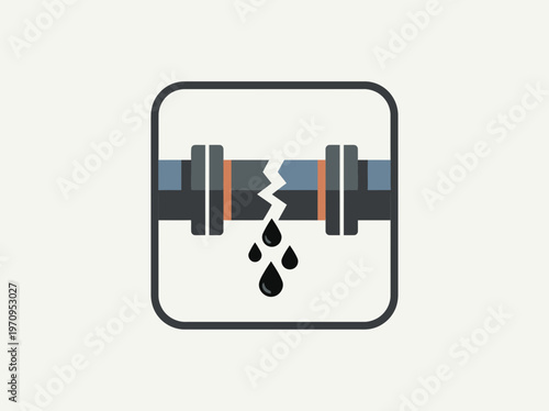 Cracked pipe with dripping oil or liquid inside a square frame, representing a leak or industrial issue.