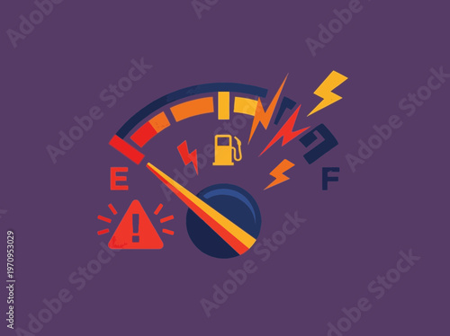 Empty fuel gauge with warning lights and lightning bolts indicating a critical energy crisis or breakdown.