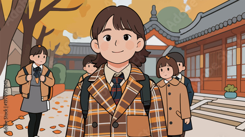 Students walk in a school courtyard during autumn with yellow leaves falling from trees