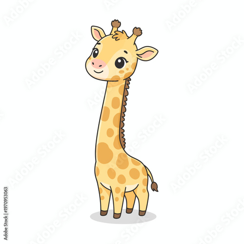 Sweet and endearing animated baby giraffe showcasing its unique long neck and spotted fur, embodying playful innocence for diverse creative projects