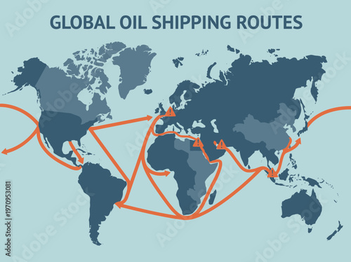 Global oil shipping routes depicted on a world map with arrows indicating flow and direction of transport.