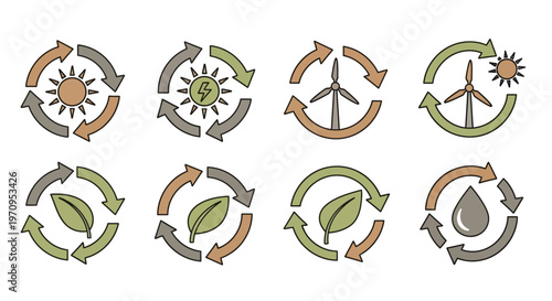 Renewable Energy and Eco-Friendly Icons Set: Solar, Wind, Leaf, Water Cycle Symbols