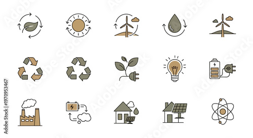 Renewable Energy and Sustainability Line Icons Set: Eco-Friendly Technology and Green Power Concepts