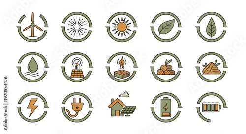 Renewable Energy and Sustainable Technology Icons Set. Eco-Friendly Power Generation Symbols.