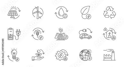 Renewable Energy and Sustainable Development Line Icons Set: Eco-Friendly Power and Green Technology