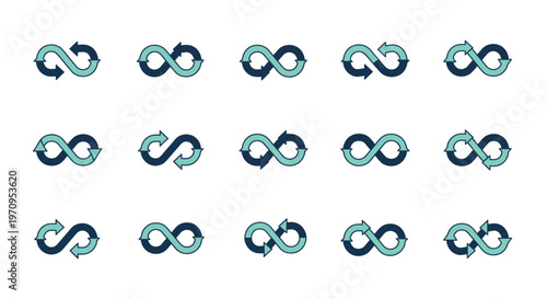 Set of Infinity Loop Symbols with Arrows in Blue Tones Representing Endless Cycles