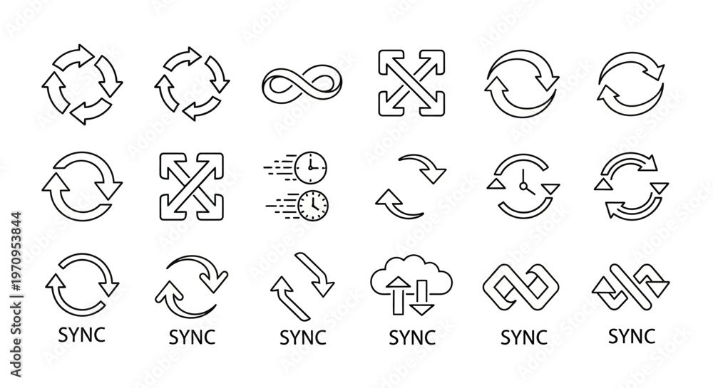 Fototapeta premium Sync, Refresh, Loop, and Expand Vector Line Icons Set - Digital Interface Symbols Collection