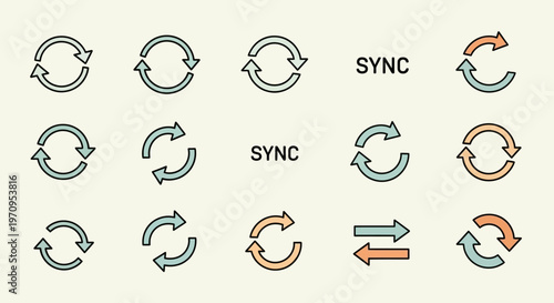 Sync and Refresh Icons Set: Circular Arrows for Data Synchronization and Update