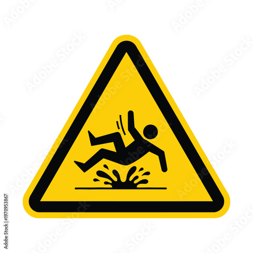 Yellow triangular warning sign with a black border depicting a person slipping on a wet floor, indicating a slippery surface hazard.