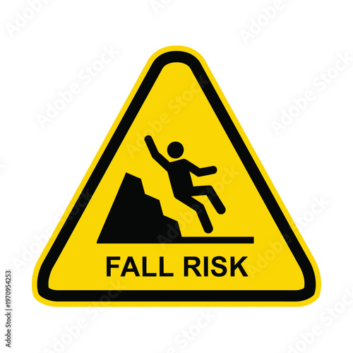 Fall risk warning sign vector, yellow triangular caution symbol with falling person pictogram, industrial safety alert icon for construction sites