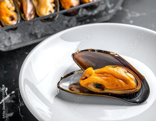 Close-up of a Freshly Cooked Mussel on a White Plate.