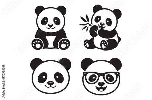 Four adorable panda illustrations in a black and white cartoon style