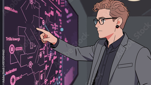 Person points at a digital screen displaying data flow and technology concepts in a modern office setting during the daytime