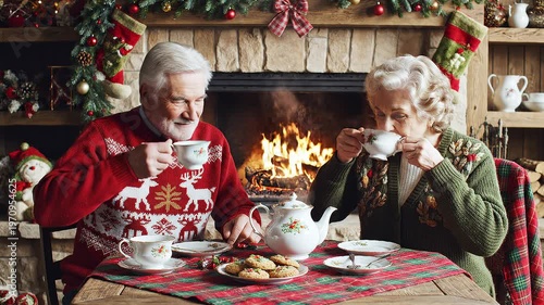 Elderly man in a red reindeer sweater and senior woman in a green cardigan drinking tea by a fireplace decorated with Christmas stockings, garland, and festive ornaments on table.