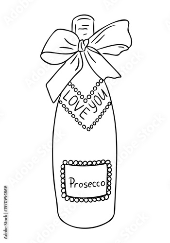 Illustration of a champagne bottle with a bow, labeled "Prosecco" and Love You, featuring decorative elements and a playful design suitable for celebrations