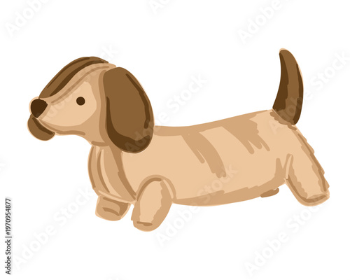 Illustration of a cute cartoon dachshund dog with a light brown coat and floppy ears, standing on all fours in a playful pose against a white background