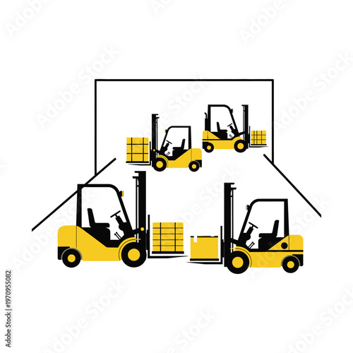 Illustration of multiple yellow forklifts moving goods and pallets in a warehouse or logistics operation, depicting material handling.