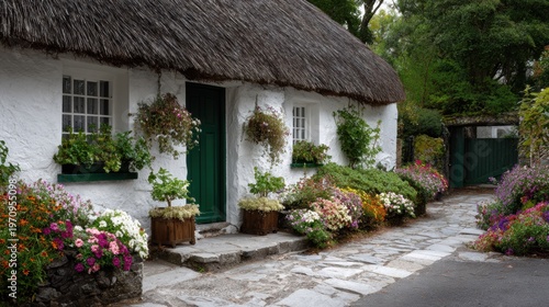 A house with a thatched roof, white walls and a green door, surrounded by flower pots on a stone path outside, creating a picturesque landscape.
