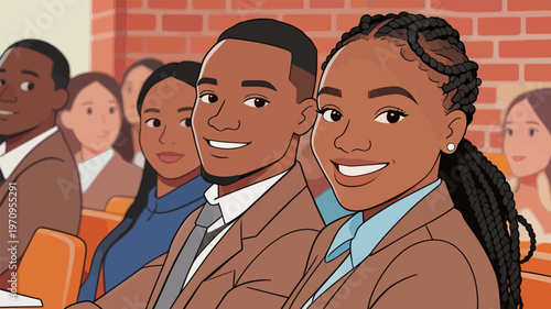 Students smile during a classroom event in an educational setting with peers around them