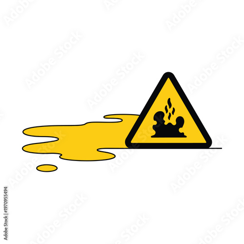 Corrosive substance warning sign with chemical spill, industrial hazard icon for safety manuals, yellow toxic liquid puddle vector illustration