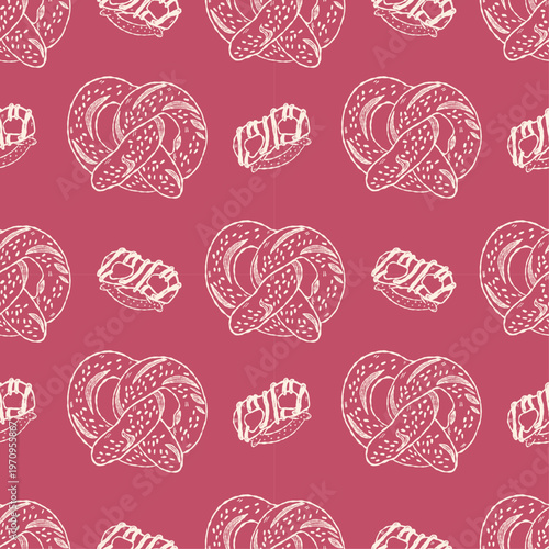 Artisan bakery pretzel pattern with handcrafted bread pastry sketch style