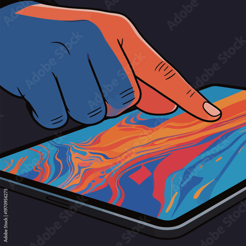 Person using a tablet with colorful screen design while tapping it with finger in a dark setting