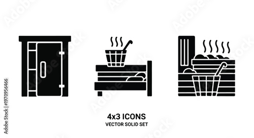 Set of 3 Sauna and Steam Room Black Solid Vector Icons