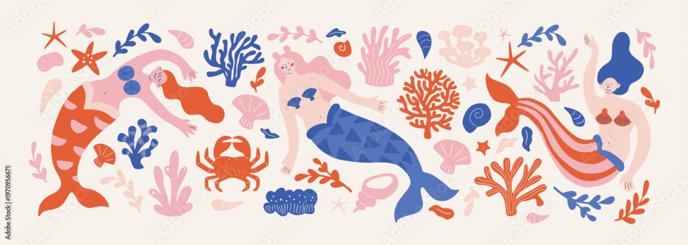 Obraz premium Funny mermaids characters on sea bottom with seaweed isolated set. Flat modern graphic design cartoon illustration. Simple underwater doodle concept, mermaid character, underwater flora, fauna.
