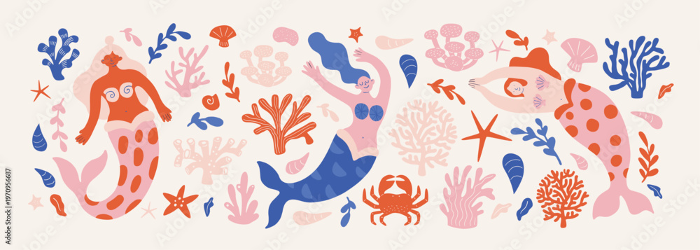 Fototapeta premium Funny mermaids characters on sea bottom with seaweed isolated set. Flat modern graphic design cartoon illustration. Simple underwater doodle concept, mermaid character, underwater fauna, flora.