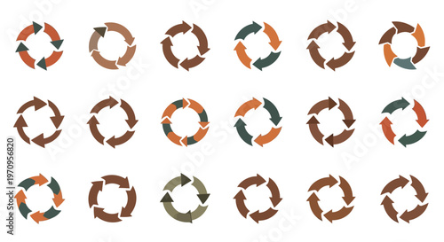 Circular arrow icons set for refresh, recycle, and continuous process