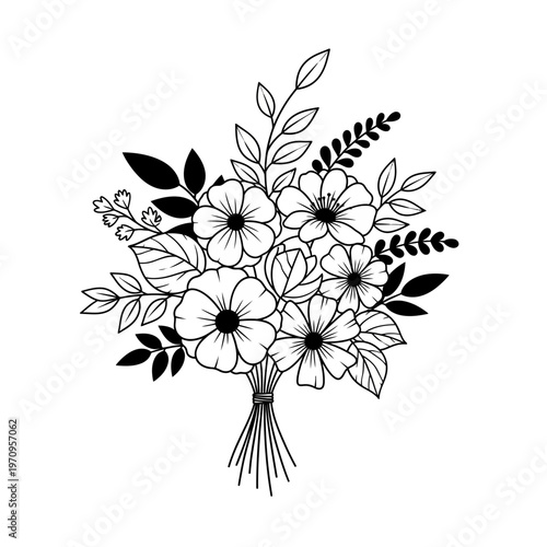 Black and white flower bouquet illustration.
