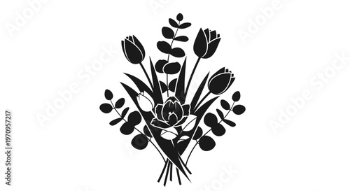 Black illustration of tulips bouquet.