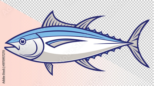 Stylized illustration of a tuna fish, showing its streamlined body and fins, marine life, white background, fish icon, marine animal, pelagic fish, edible fish, market