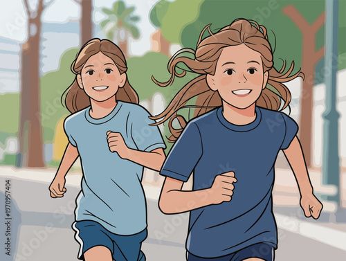 Two children run together on a sunny street in a city park during the afternoon