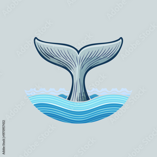 Whale Tail Emerging from Ocean Waves Illustration.