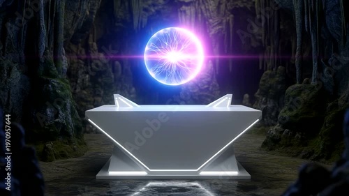 Mysterious glowing orb levitating above futuristic pedestal in dark cave.