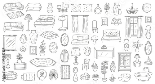 Collection of Hand-Drawn Interior Design Elements Sketches.