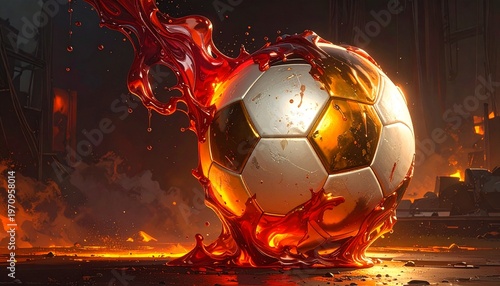 Fiery Soccer Ball with Liquid Splash: Intense Sport Concept in a Dynamic, Dramatic Setting with Golden Hues and Red Splashes on a Dark Background
