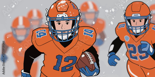 Football team runs on the field during practice in snowy weather in winter season