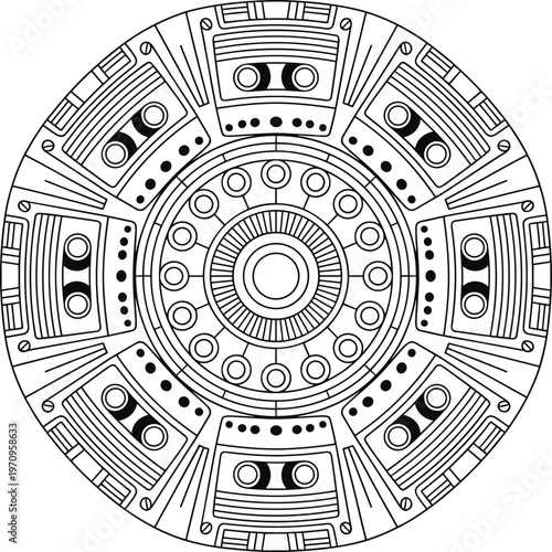 Circular mandala featuring repeating cassette tape motifs and geometric patterns