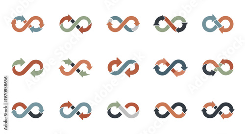 Collection of infinity loop arrow symbols representing continuous cycle and endless process
