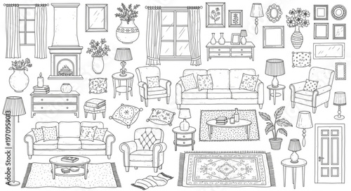 Collection of Hand-Drawn Interior Design Elements and Furniture.