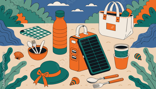 A colorful vector illustration of a beach picnic setup with eco-friendly items