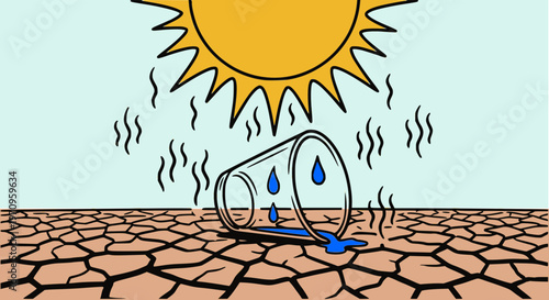 Vector illustration of an empty glass lying on dry cracked earth under a blazing sun. Perfect for drought, water scarcity, dehydration, extreme summer heat, and climate change concepts