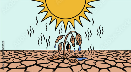 Vector illustration of a dead wilted plant on dry cracked earth under a blazing summer sun. Perfect for drought concepts, climate change awareness, and extreme heatwave environmental designs