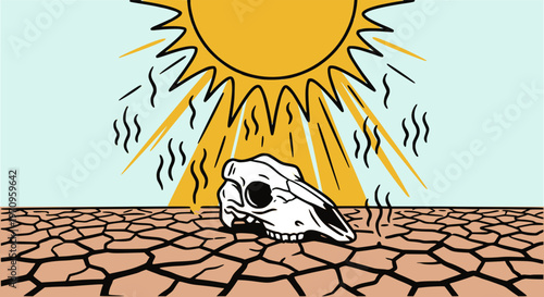 Vector illustration of an animal skull on dry cracked earth under a blazing sun with heat waves. Ideal for extreme summer heat, drought, global warming, and climate change awareness concepts