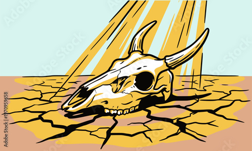 Vector illustration of an animal skull on dry cracked earth under a blazing sun with heat waves. Ideal for extreme summer heat, drought, global warming, and climate change awareness concepts