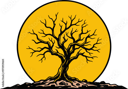 Vector illustration of a dead wilted plant on dry cracked earth under a blazing summer sun. Perfect for drought concepts, climate change awareness, and extreme heatwave environmental designs